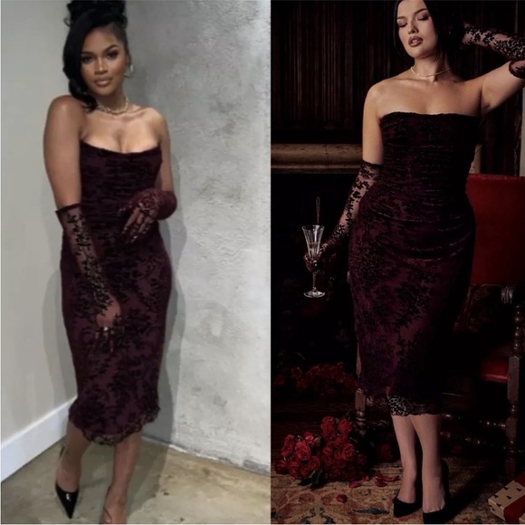 House of CB Isadora Black Cherry Devore Corset Dress - Picture 9 of 11